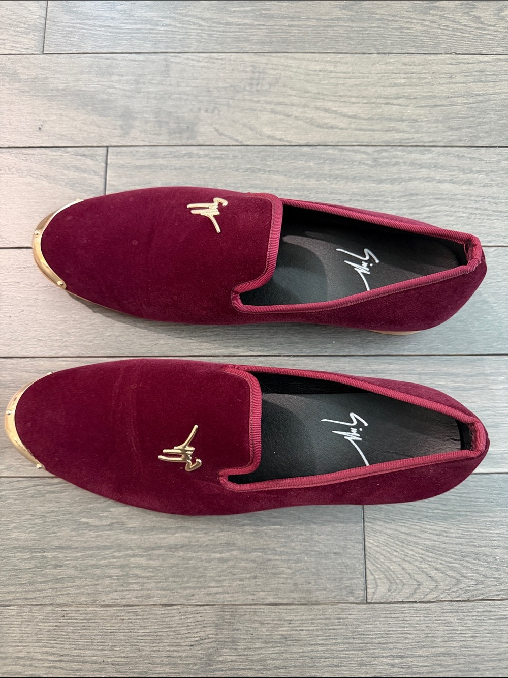 Giuseppe Zanotti Men's Burgundy Velvet Slip-On Loafers with Gold Hardware